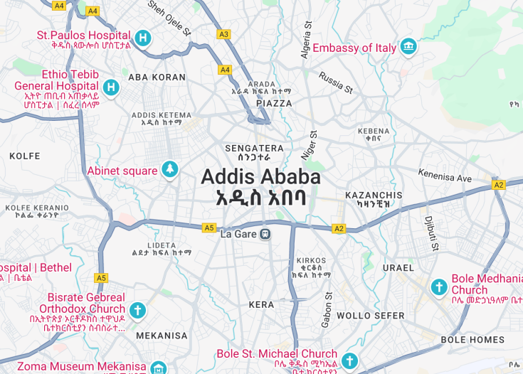 Map of Addis Ababa, Ethiopia