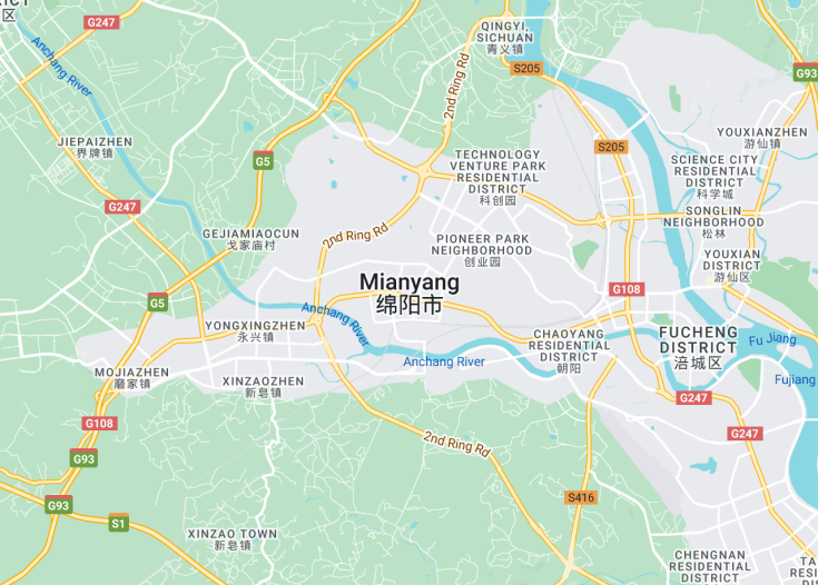 Map of Mianyang, China