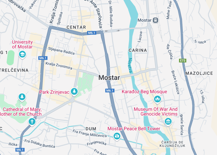 Map of Mostar, Bosnia and Herzegovina