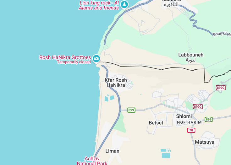 Map of Rosh Hanikra, Israel