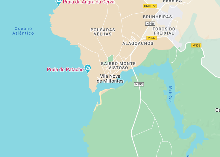 Map of Vila Nova de Milfontes, Portugal